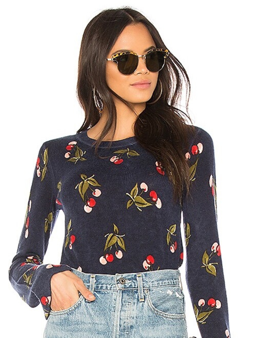 Joie Varden Sweater Midnight Cherry All Over Print Cashmere Flared Bell Cuffs